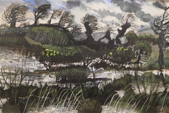 Lesley Alan Gorton, oil on board, Wind scoured landscape, signed, 60 x 90cm.